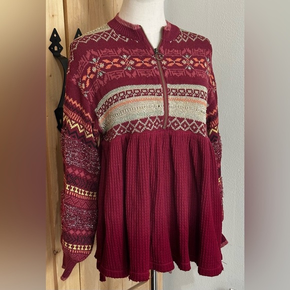 Free People Cabin Fever Burgundy Patterned Tunic Half Zip Tunic Top - Picture 2 of 5